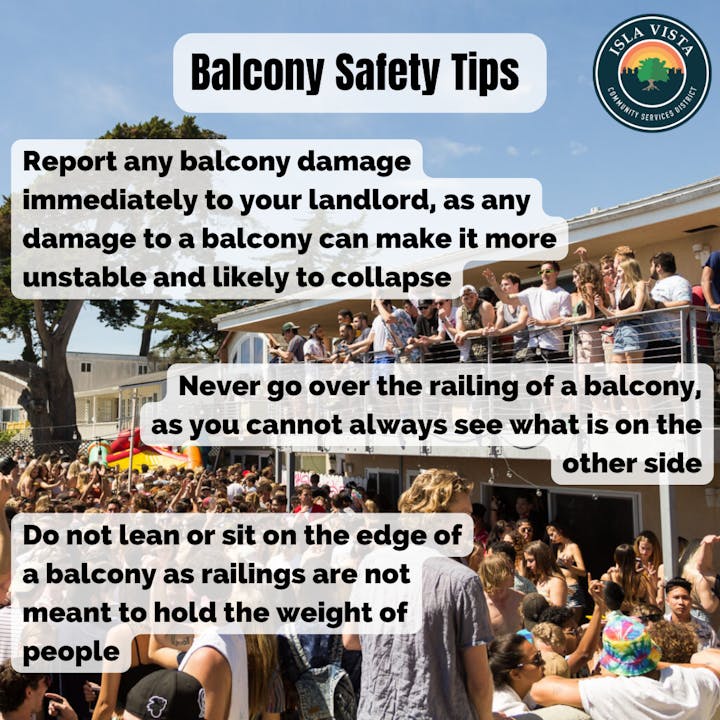 The image offers balcony safety tips: report damage, avoid leaning over railings, and don’t sit on edges to prevent collapses.