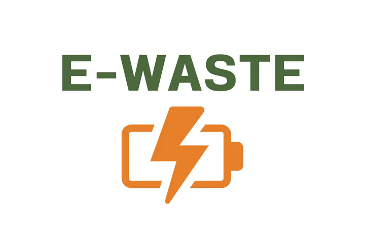 "E-WASTE" text with a battery icon and lightning bolt symbol.