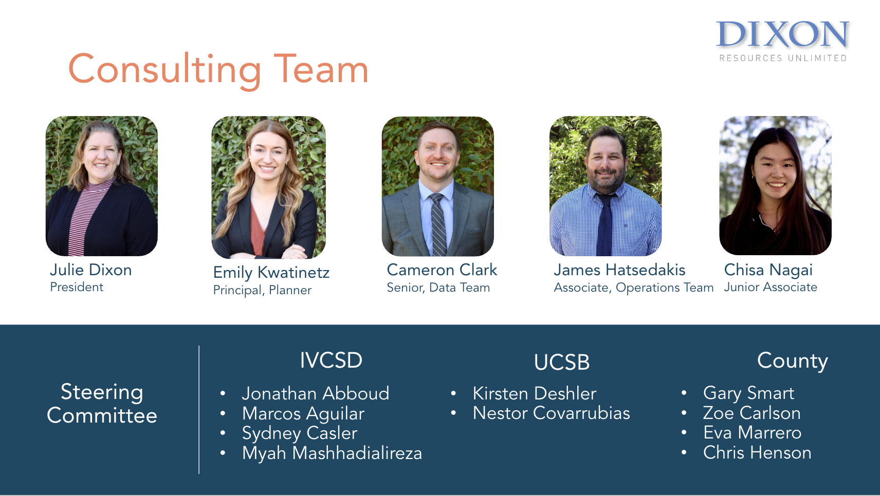A graphic with photos and titles of consulting team members, plus a list of steering committee names from various organizations.