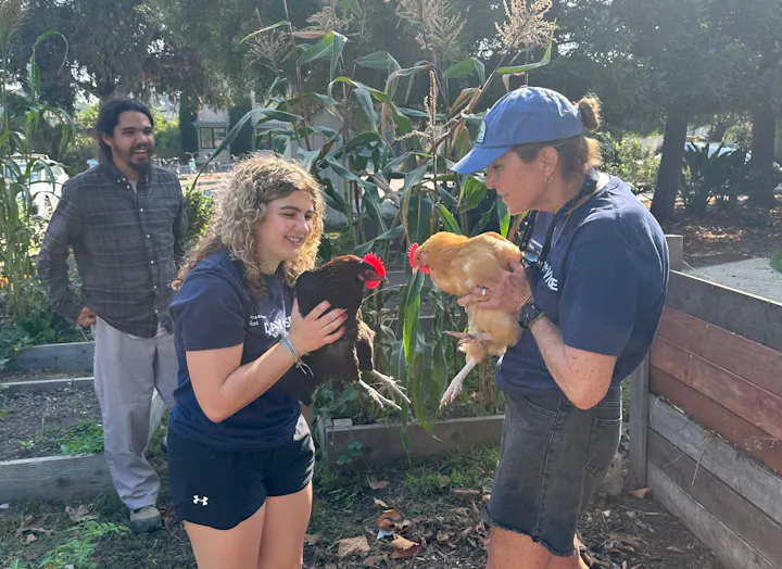 Two women hold chickens while a man stands nearby, all in a garden with corn plants in the background.