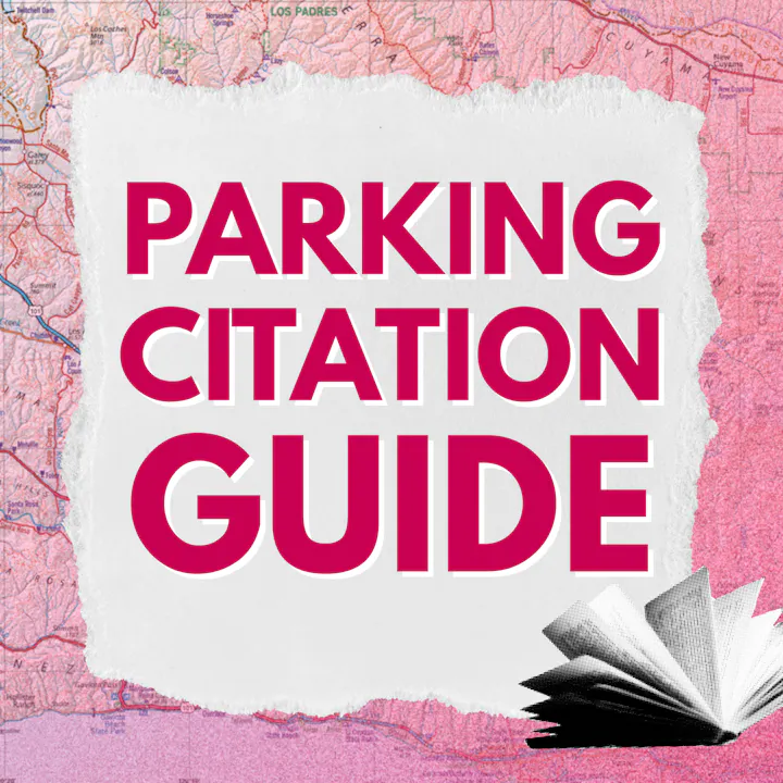 The image features a "Parking Citation Guide" with a colorful map background and an open book graphic.