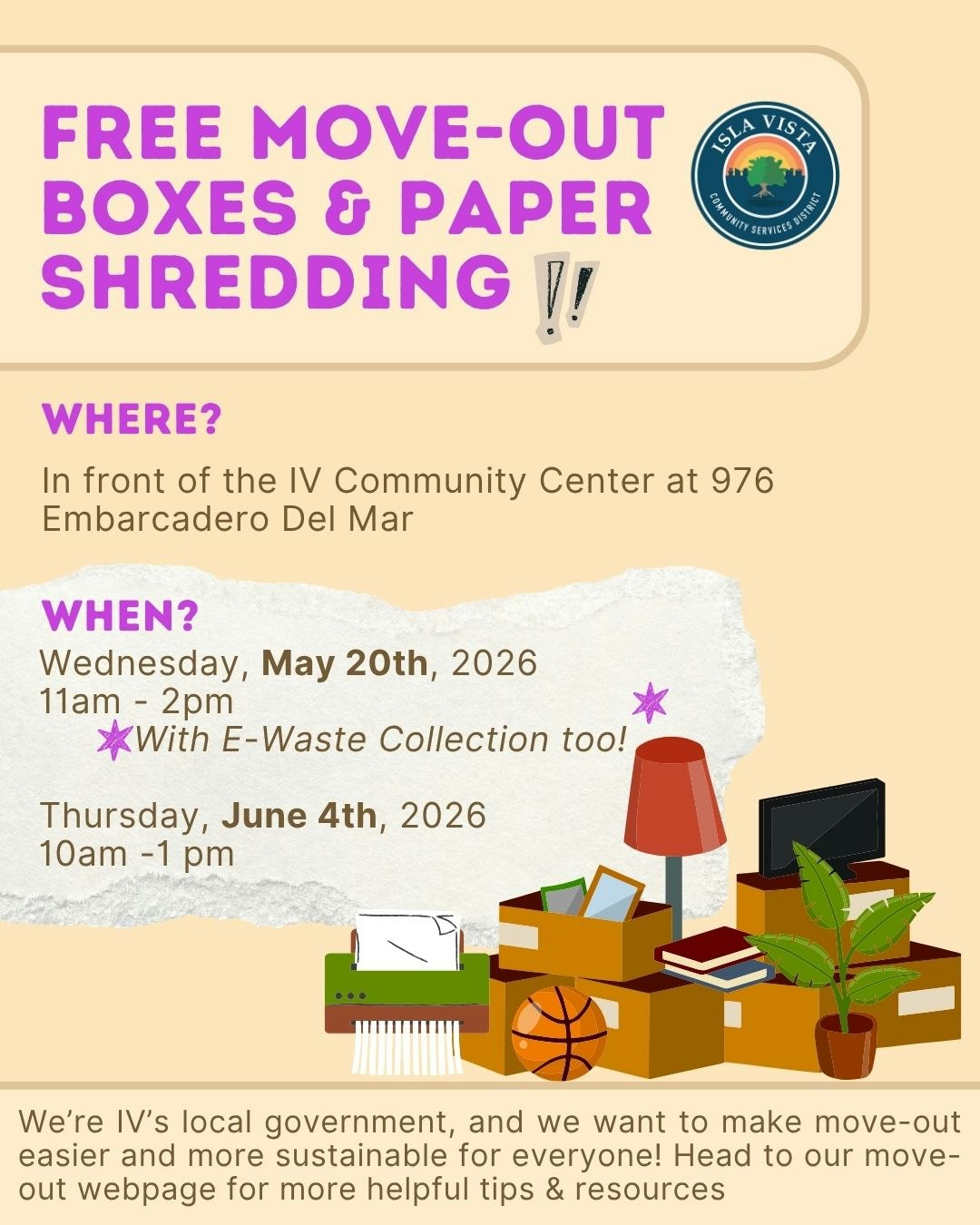 Free move-out boxes and paper shredding event at IV Community Center on May 20 and June 4, 2026. E-Waste collection included!
