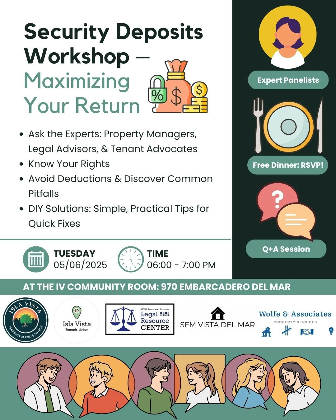 Workshop flyer on security deposits: expert panel, free dinner, Q&A. Date: 05/06/2025, 6-7 PM, IV Community Room, 970 Embarcadero Del Mar.