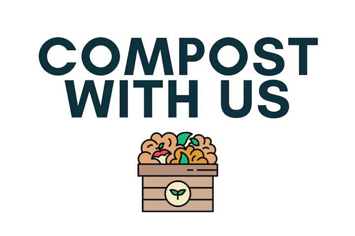 Text "COMPOST WITH US" and an illustration of a compost bin filled with organic waste.