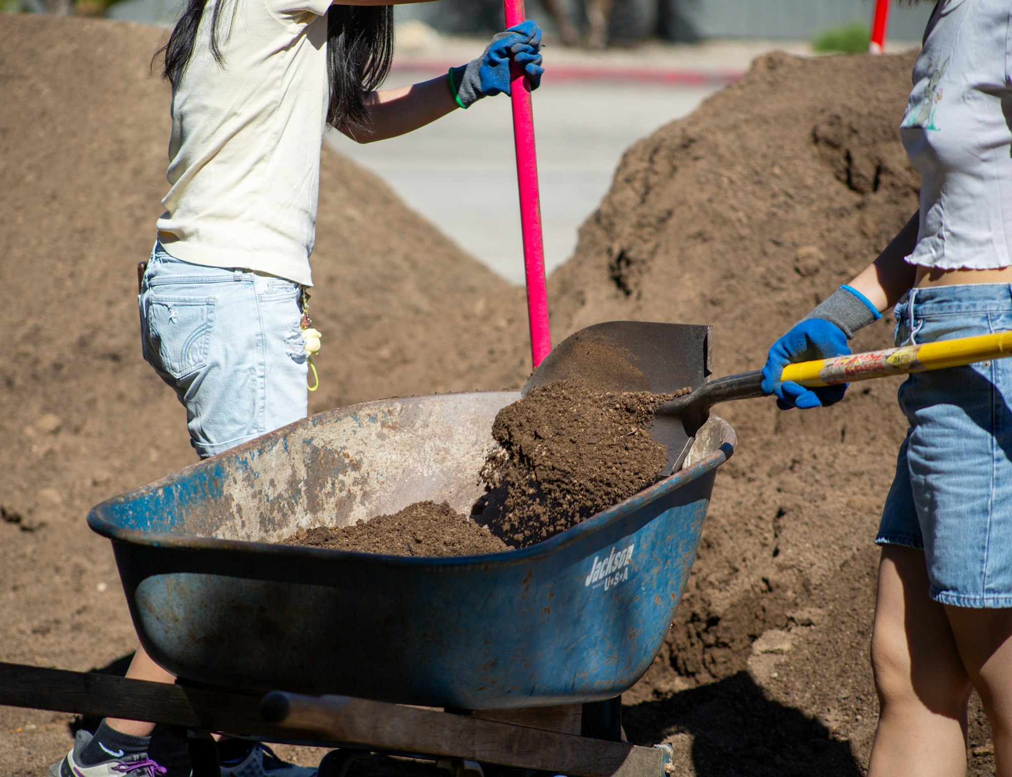 Two people shoveling dirt into a wheelbarrow, wearing gloves.
