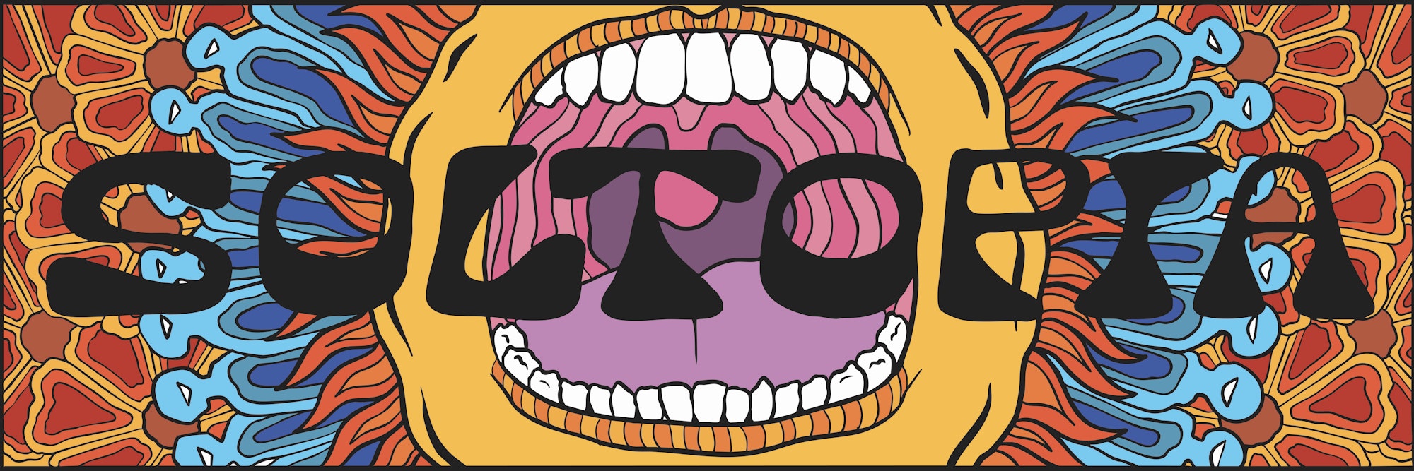 The image features vibrant, psychedelic art with an open mouth graphic and the word "SOLTOPIA" in bold letters.
