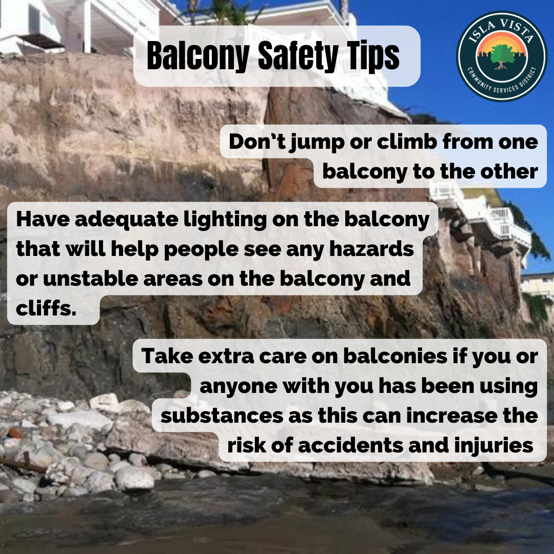 The image provides balcony safety tips, advising against jumping, ensuring proper lighting, and caution with substance use.