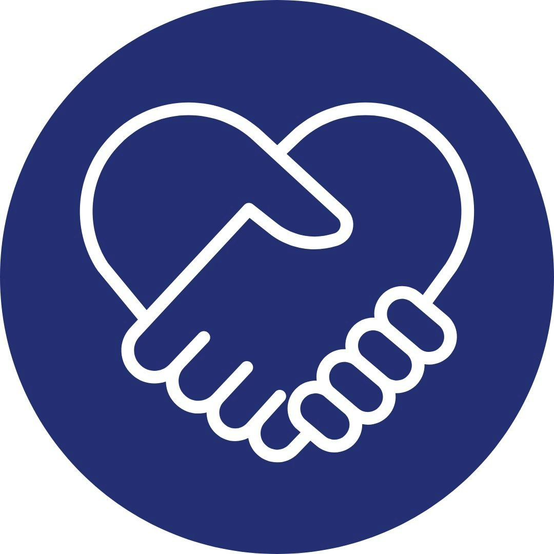 It's a stylized icon of two hands forming a heart shape, centered within a blue circle.