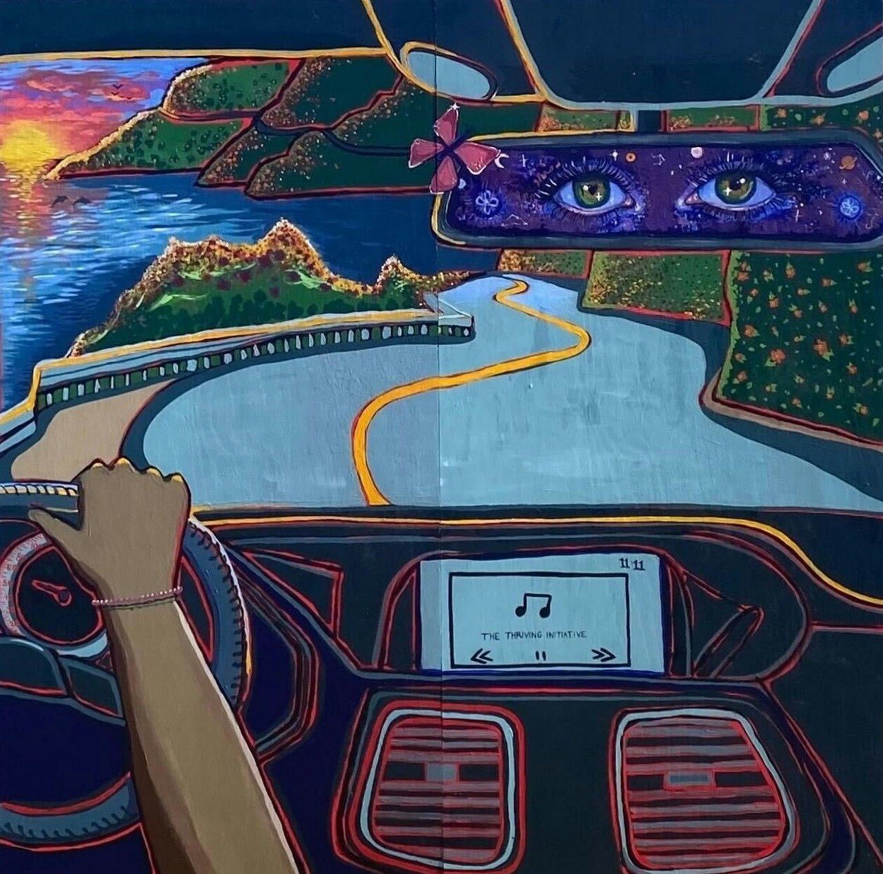A vibrant painting with a view from a car driving near a coast, showing a road, hand on steering wheel, rearview mirror with eyes, and a music player.