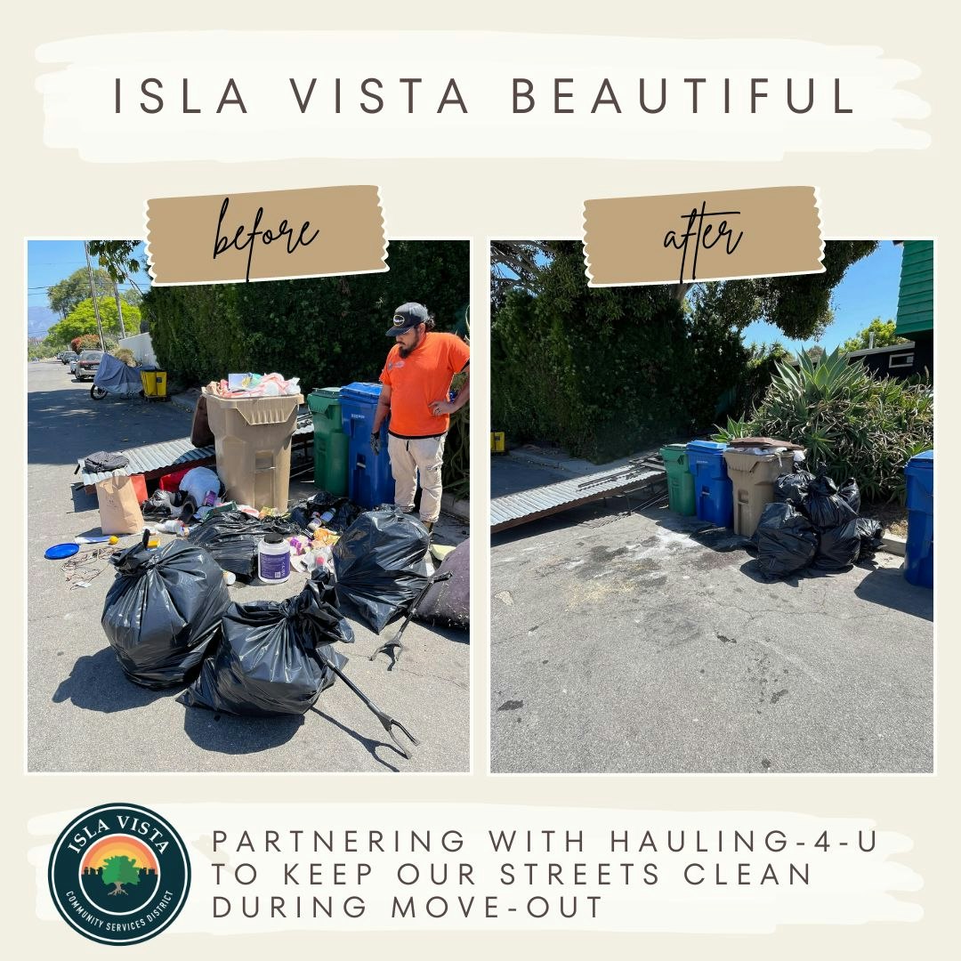 Before and after cleanup images showing littered and cleared streets, with a person and organization partnership highlighted.
