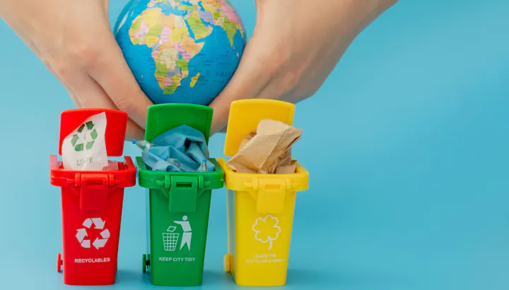 Three colorful mini recycling bins with recyclable materials and a globe in the background.