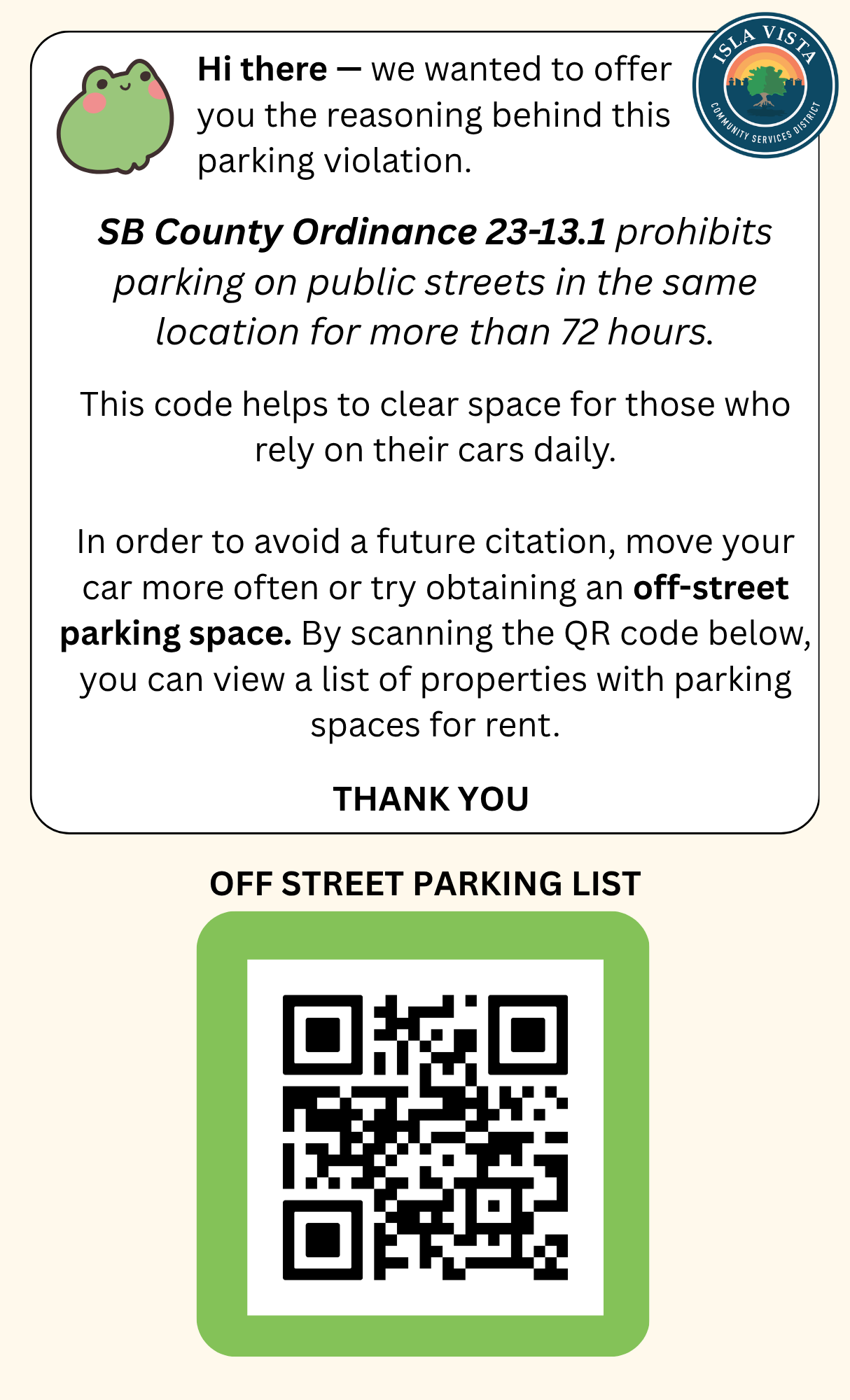 The image explains a parking violation notice, citing an ordinance against parking over 72 hours and offering a QR code for off-street parking options.