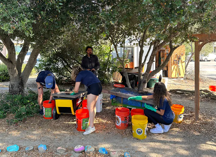 People working outdoors, cleaning or sorting materials under a tree, with buckets and tools around a table.