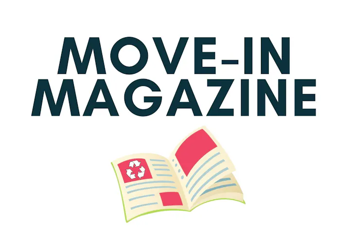 The image shows the text "MOVE-IN MAGAZINE" with an open magazine graphic featuring a recycling symbol.