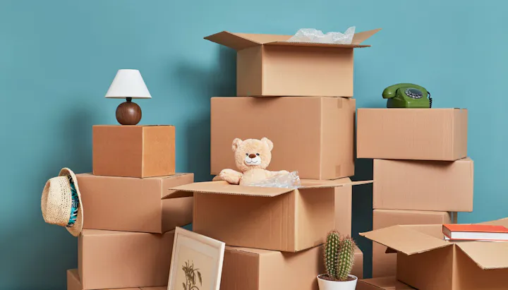 A pile of cardboard boxes with a teddy bear, phone, lamp, and plant, suggesting moving or storage.