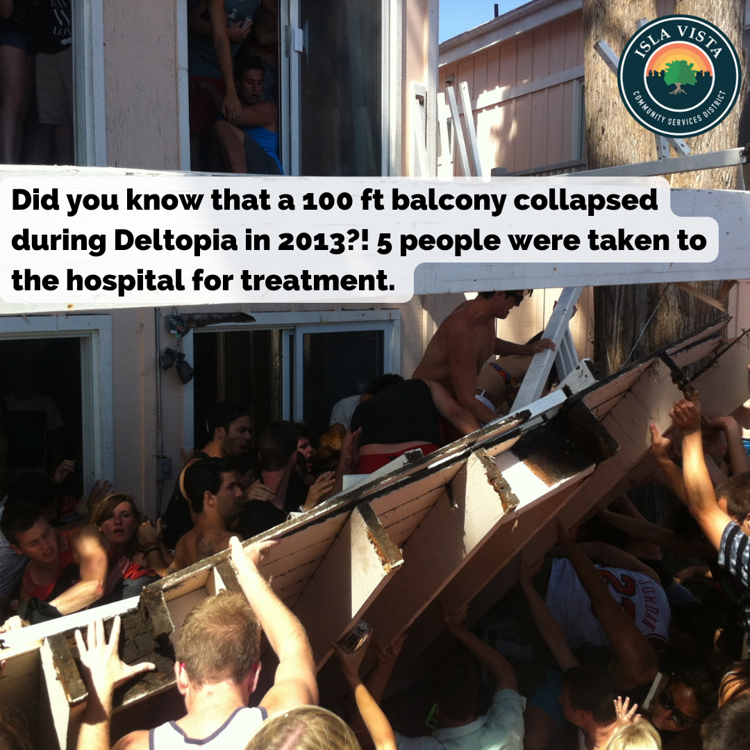 A crowd is gathered under a collapsed balcony during the 2013 Deltopia event, resulting in five injuries.