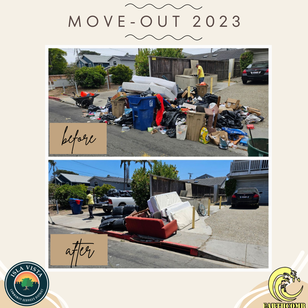 The image shows a "before and after" of a messy street during a move-out event, highlighting cleanup progress.