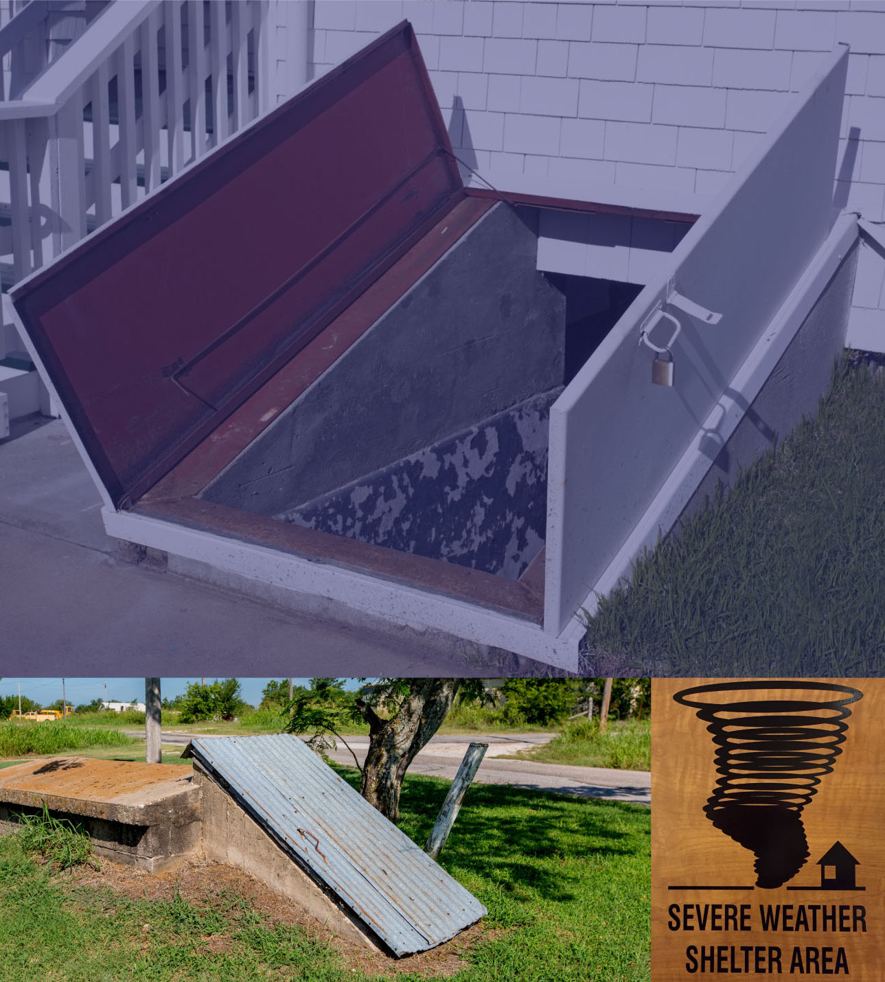 Two tornado shelter entrances and a severe weather shelter sign.