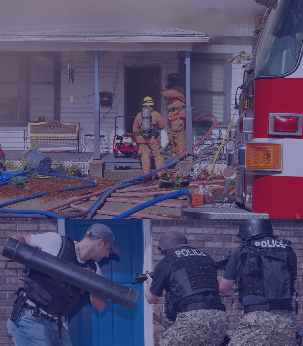 Firefighters entering a house, fire truck visible, police officers breaching a door.