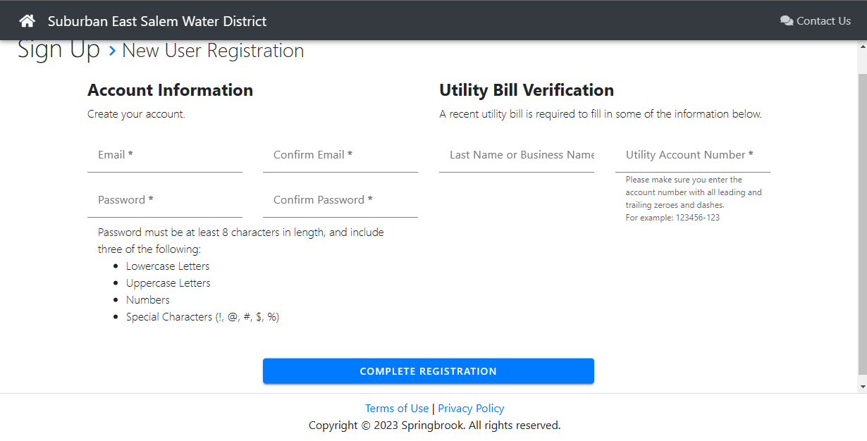 The image shows a user registration form for the Suburban East Salem Water District, including email, password, and verification fields.