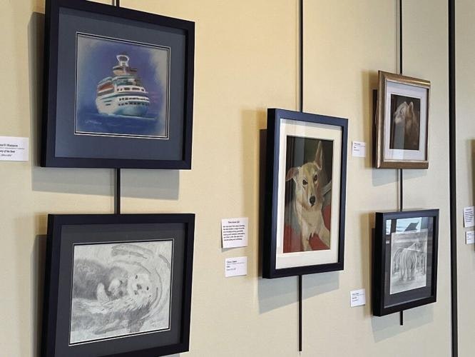 A gallery wall displays various framed artworks, featuring a ship, pets, and animals in different styles and colors.