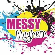 "Messy Mayhem" text with colorful paint splatters in the background.