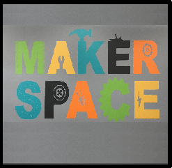 Colorful "MAKER SPACE" text with tool icons integrated into the letters.