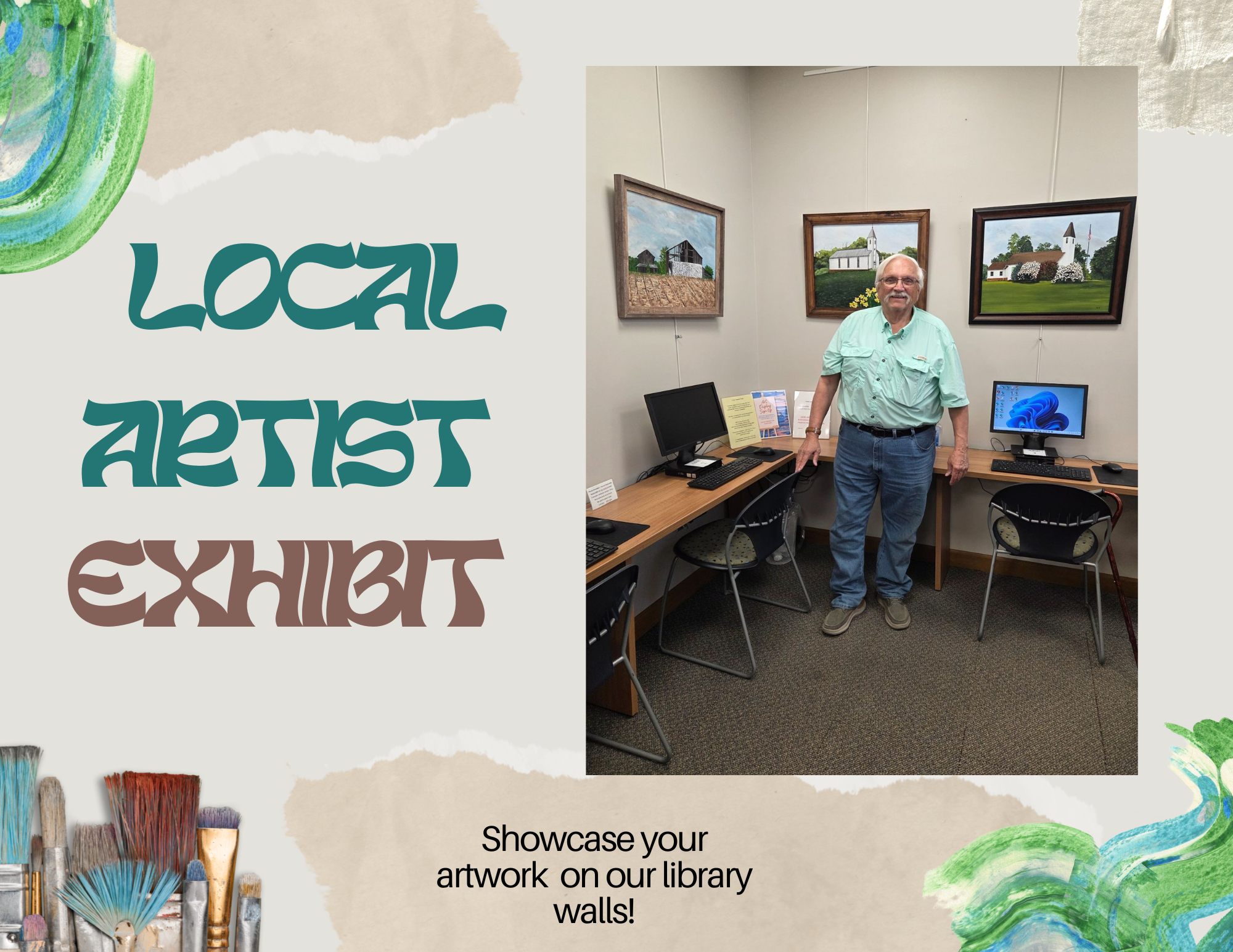A local artist exhibit featuring paintings, with an artist standing near the artworks in a library setting.