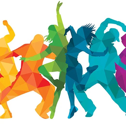 A colorful, geometric illustration of people dancing in various dynamic poses.