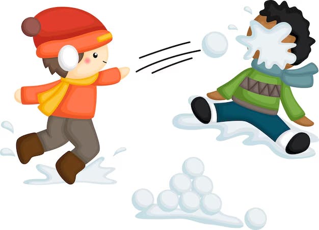 A snowy scene with a child throwing a snowball at another child sitting in the snow. Fun winter playtime depicted!