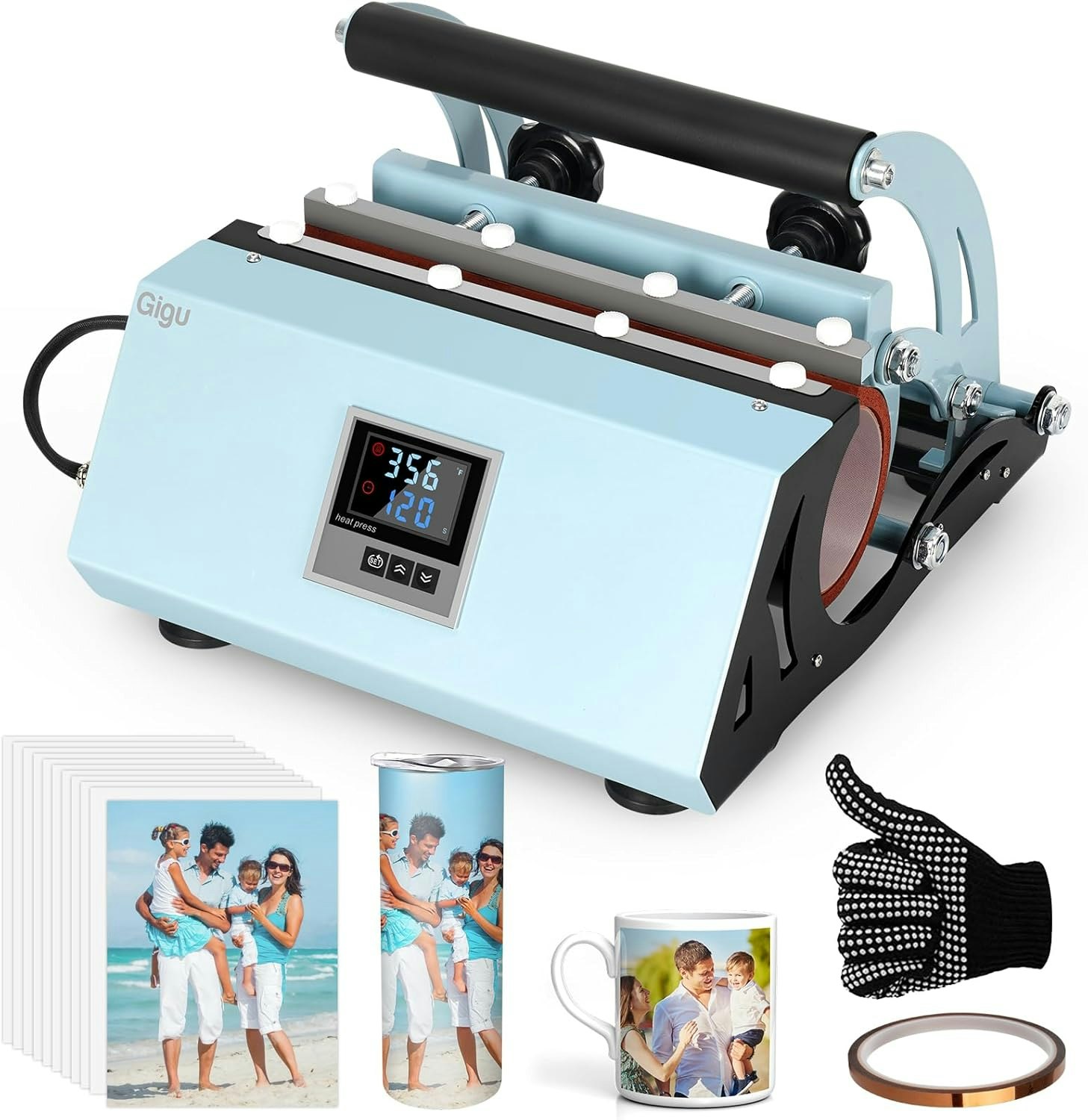 Sublimation heat press machine with accessories, including a mug, tumbler, gloves, tape, and photos for printing.