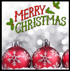 Red Christmas ornaments with snowflake designs, "Merry Christmas" text in festive colors, and holly decorations on a snowy background.