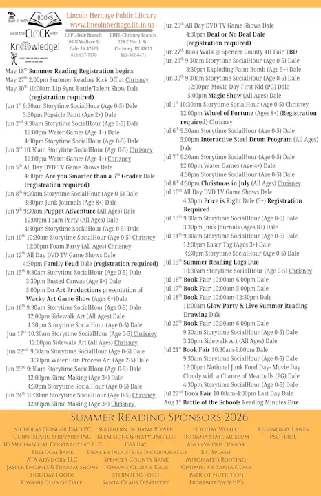 The image contains a schedule of events for a summer reading program at two library branches, including story hours, games, and special shows.