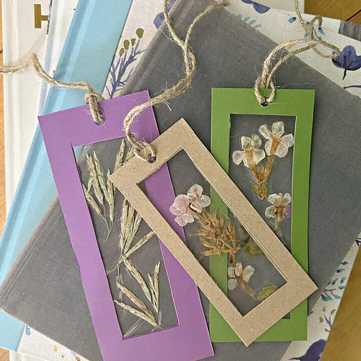 The image features three colorful bookmarks with pressed flowers, displayed on various books.