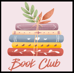 A stack of colorful books tied with twine, adorned with leaves, with the text "Book Club" below.