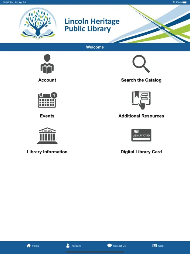 Lincoln Heritage Public Library app menu: Account, Search Catalog, Events, Resources, Library Info, Digital Card.