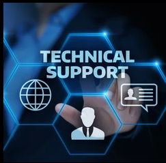 Hexagons with "Technical Support" text, icons of a globe, person, chat; finger pointing at a screen.