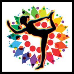 Silhouette of a dancer in a pose, surrounded by a colorful, geometric circular pattern.