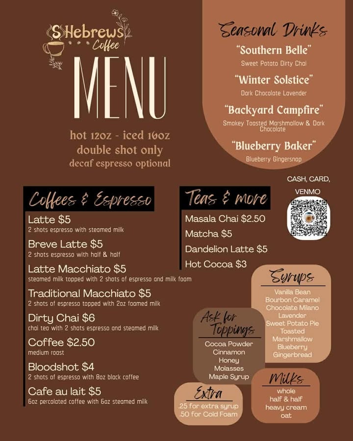 Hebrews Coffee menu features various coffees, teas, seasonal drinks, toppings, and milks with prices listed.