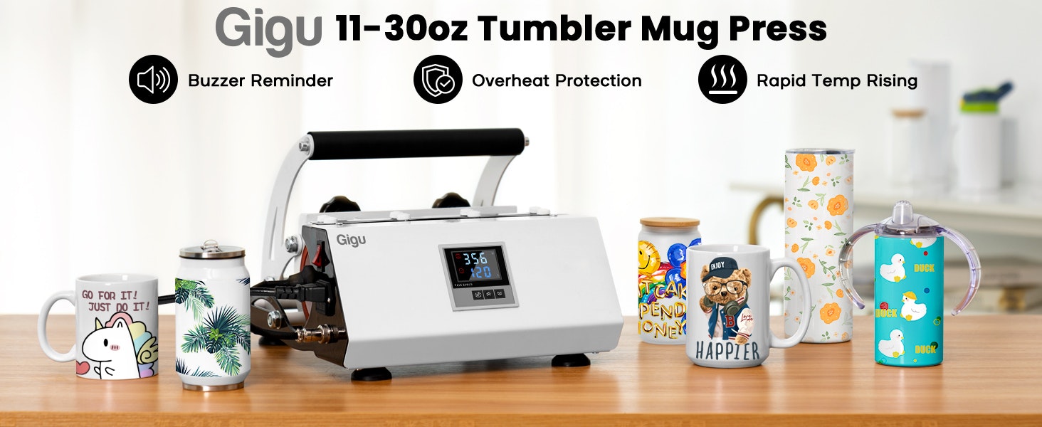 A Gigu 11-30oz tumbler mug press, with mugs printed using the device, features buzzer reminder, overheat protection, and rapid temp rising.