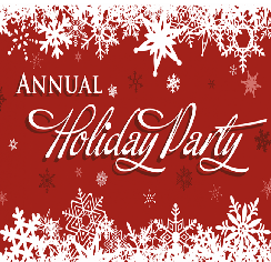Red background with white snowflakes and the text "Annual Holiday Party."