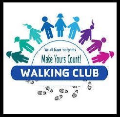 Illustration of colorful people figures, "Walking Club" text, and footprint graphics.