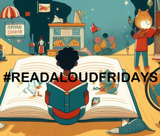 A person reads a large open book with illustrations, surrounded by animals and a bicycle. "#READALOUDFRIDAYS" is overlaid.