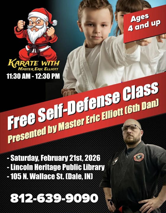 Free self-defense class for ages 4+ with Master Eric Elliott on Feb 21, 2026, at Lincoln Heritage Public Library, Dale, IN.