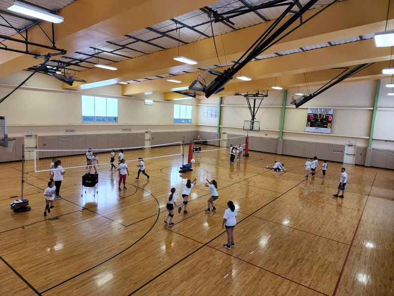 May contain: sport, volleyball, volleyball game, person, lamp, clothing, footwear, and shoe