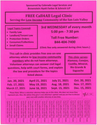 A flyer for a free legal clinic offering call-in advice, with dates and topics, serving low-income communities.