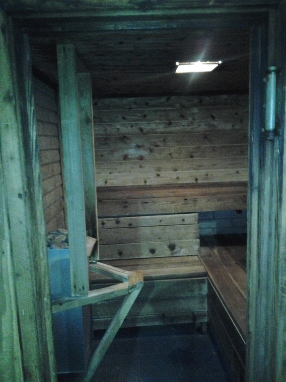 A wooden sauna room with benches and a light fixture, viewed from the open door.