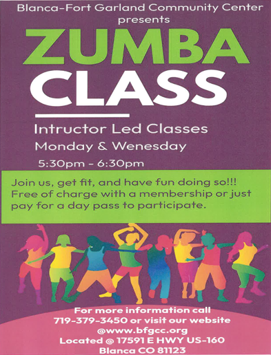 Zumba classes at Blanca-Fort Garland Community Center, Mondays & Wednesdays, 5:30-6:30 PM. Join for fun and fitness!