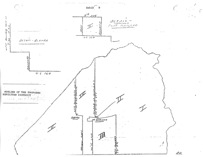 A hand-drawn schematic of a district with labeled sections and borders, and some annotations.
