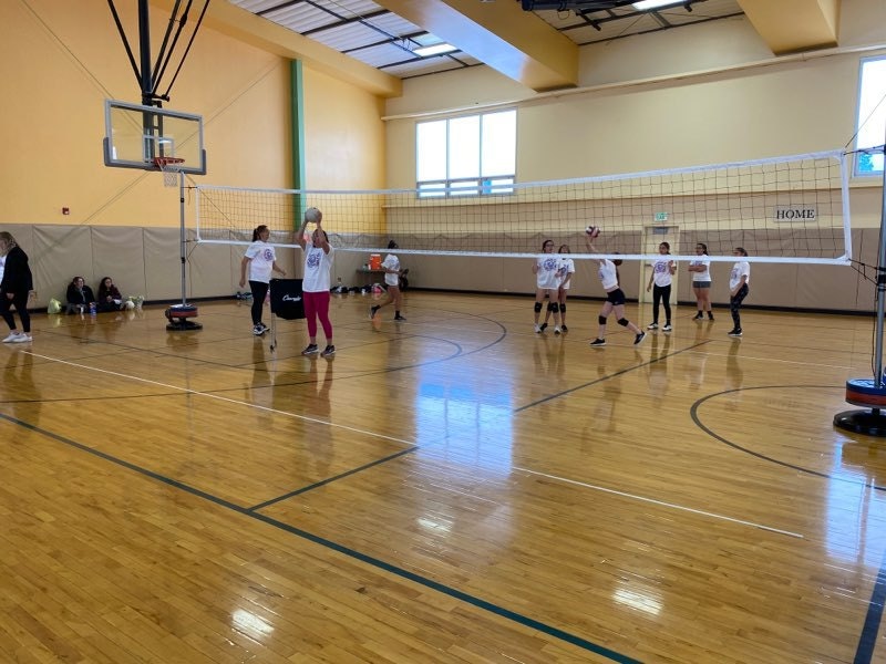 Indoor volleyball game with players and a basketball hoop in a gym.